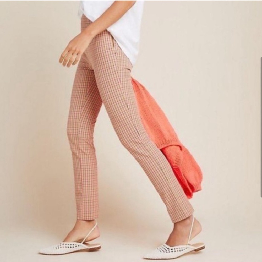 Anthropologie The Essential Slim‎ Plaid Cropped Pants Women's US 10 Pink Tan - Picture 2 of 13
